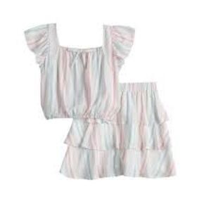 Three Pink Hearts white pink stripes ruffle skirt and top girls size‎ XL
